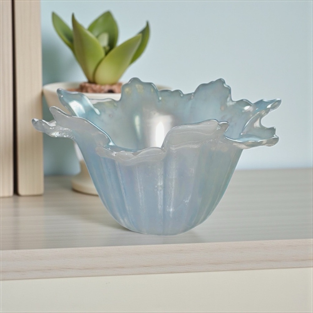 Hand Blown Murano Style Glass Bowl: Iridescent Alabaster Floral Candy Dish